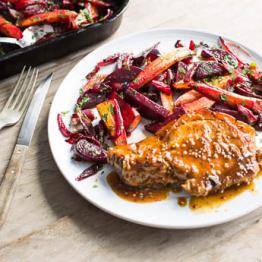 Mustard glazed pork chops with beets, red onions and new season carrots