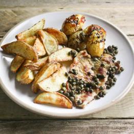 Pork escalopes and genoese potatoes with capers, lemon and parsley